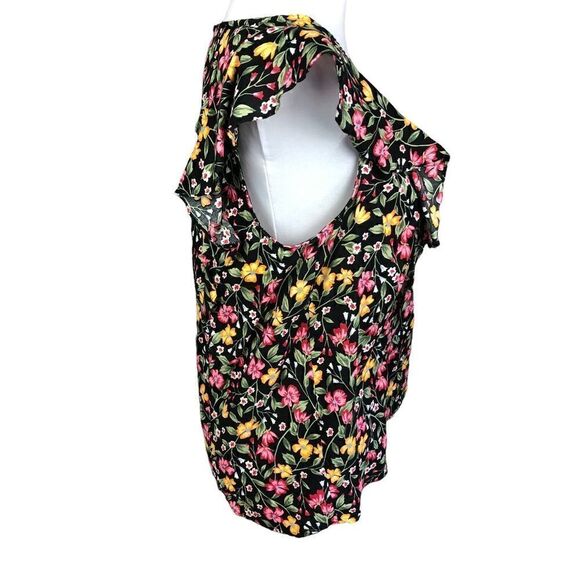 Old Navy Top Black Floral Print Ruffled Cap Sleeves V Neck Keyhole Back Medium - Picture 3 of 14